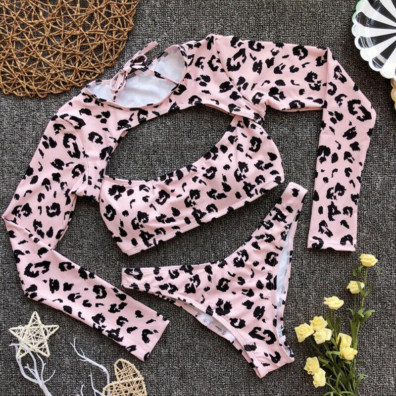 Long Sleeves Leopard 3PCS Set Swimwear-STYLEGOING