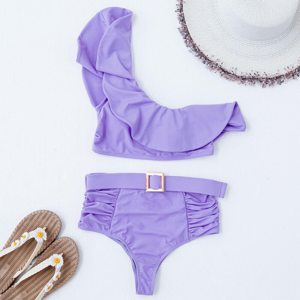Womens One Shoulder Ruffle Bra Bikini-STYLEGOING