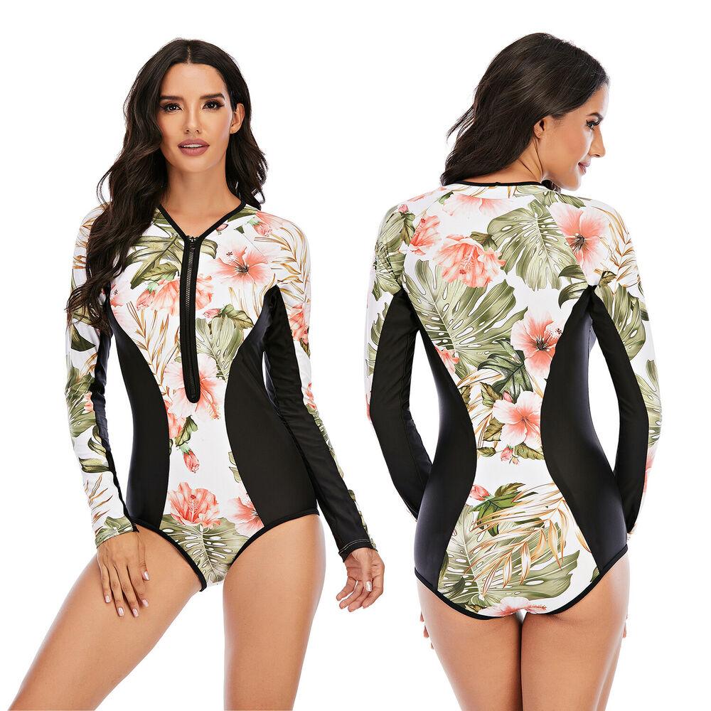 Women Zip Front Long Sleeve One Piece Swimsuit-STYLEGOING