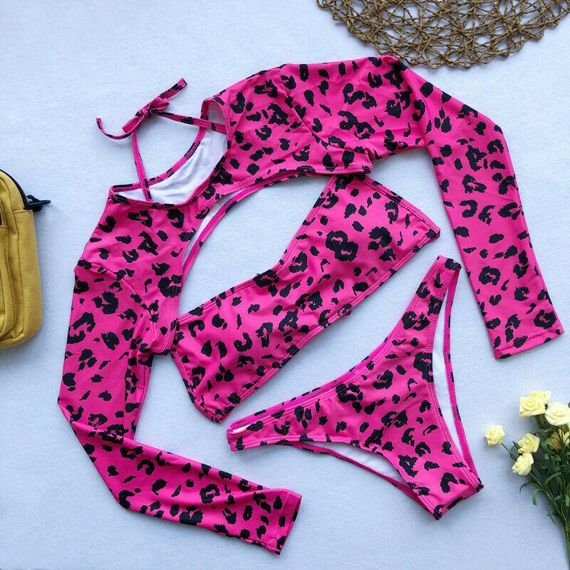 Long Sleeves Leopard 3PCS Set Swimwear-STYLEGOING