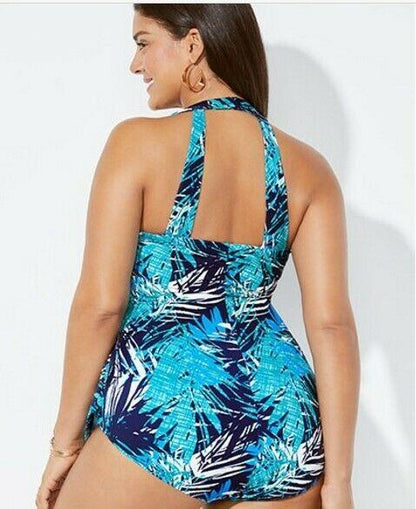 Plus Size Halter Blue Monokini-STYLEGOING
