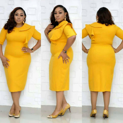 Womens Plus Size Ruffle Midi Bodycon Dress-STYLEGOING