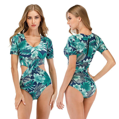 Surf Floral Short Sleeve One Piece Swimwear-STYLEGOING