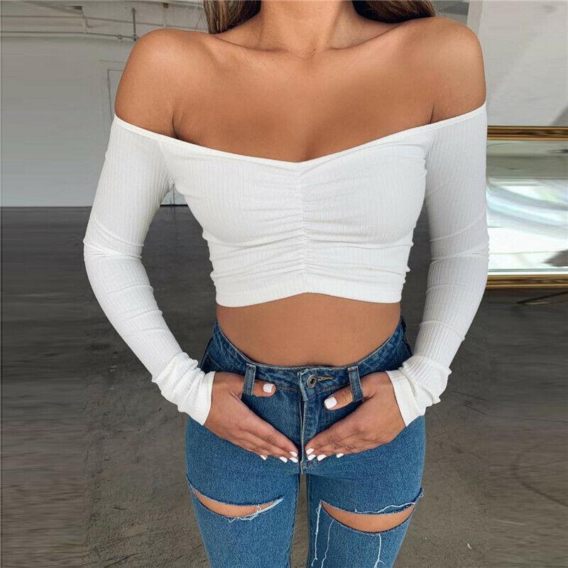 Sexy Slim Off Shoulder Crop Tops-STYLEGOING