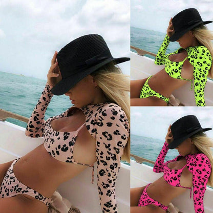 Long Sleeves Leopard 3PCS Set Swimwear-STYLEGOING