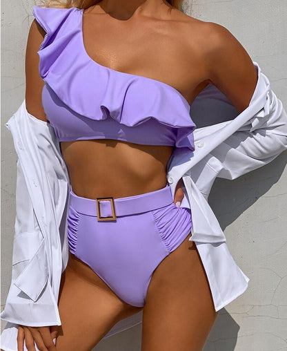 Womens One Shoulder Ruffle Bra Bikini-STYLEGOING