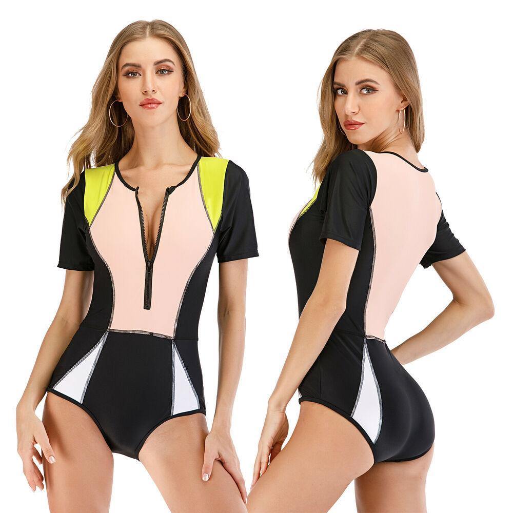 Short Sleeve One Piece Rash Guard Swimwear-STYLEGOING