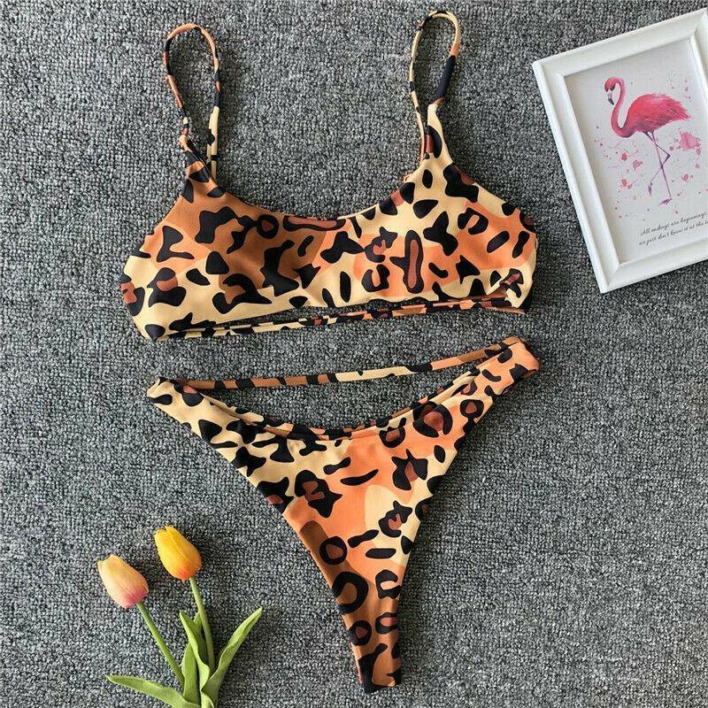 Leopard Print Solid Bikini Set Suits Swimwear-STYLEGOING