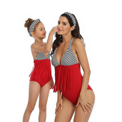 Family One Piece High Waist Tankini Tassels-STYLEGOING