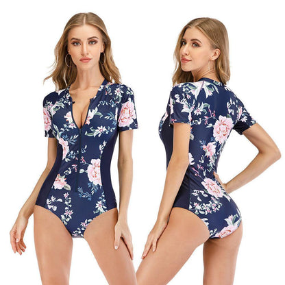Floral Short Sleeve One Piece Swimwear-STYLEGOING