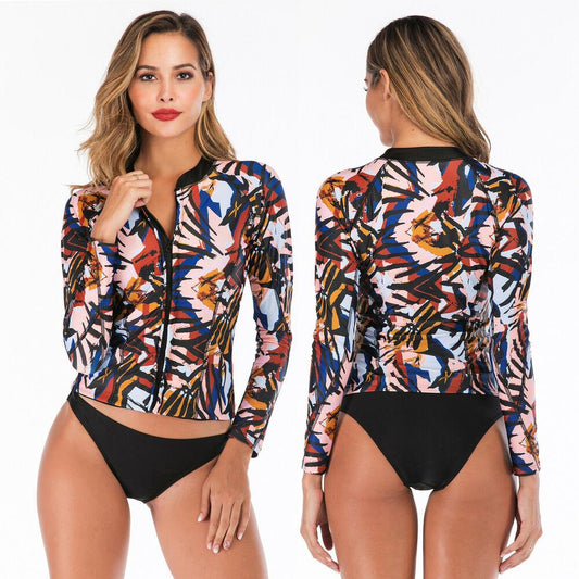 Surf Swim Zip Front Long Sleeve Swimwear-STYLEGOING
