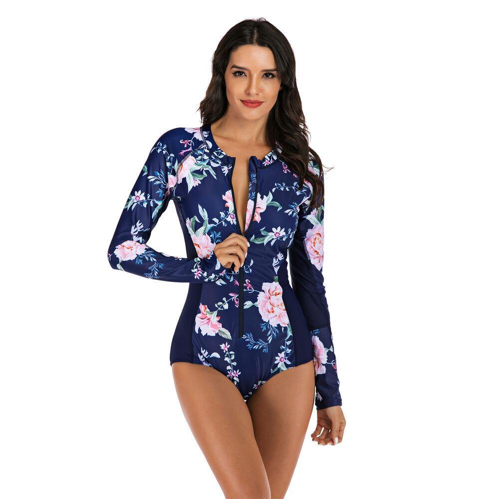 Rash Guard Zipper One Piece Swimsuit-STYLEGOING