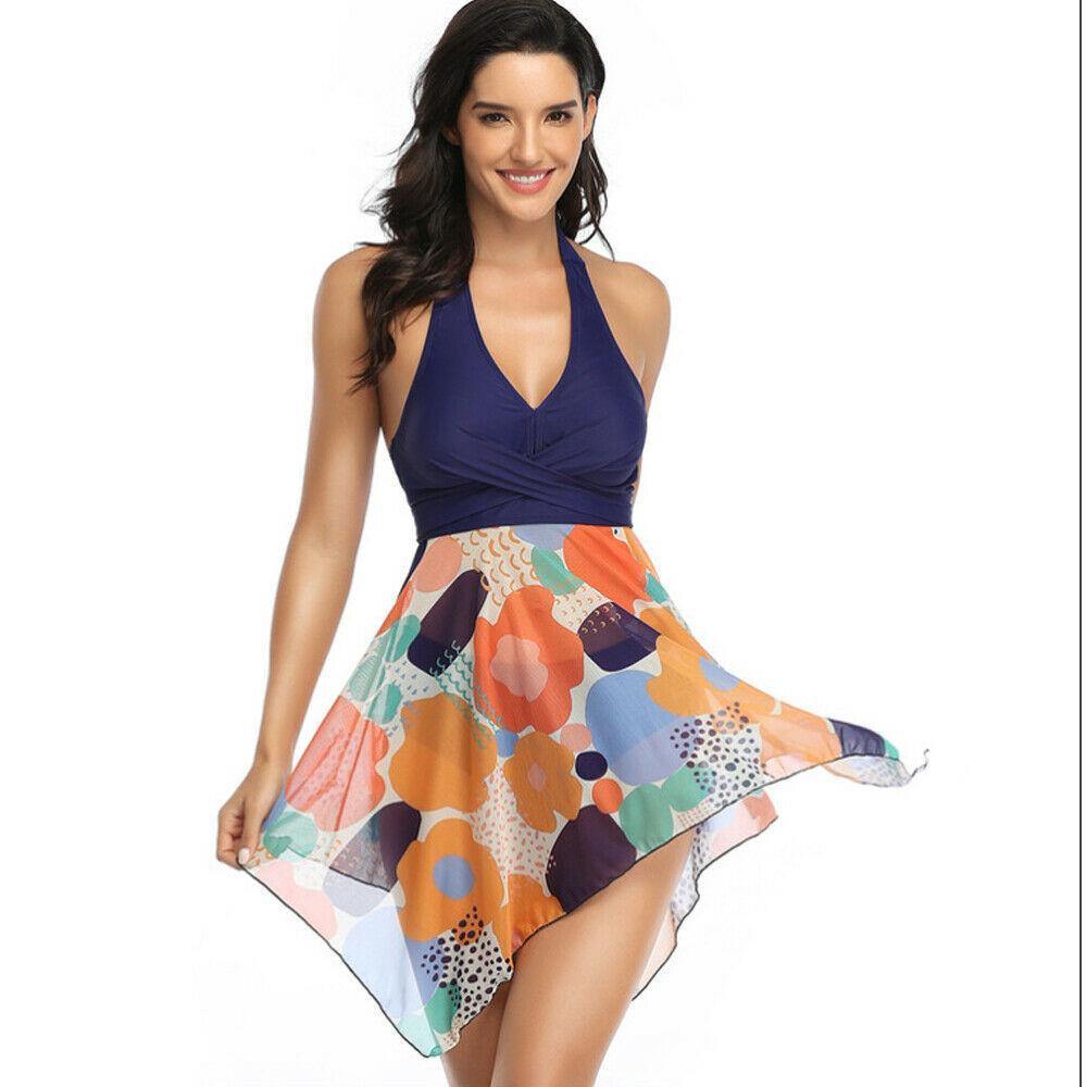 2Pcs Plus Size Swimdress Halter Tankini-STYLEGOING