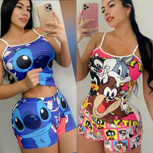 Cartoon Spaghetti Strap Vest Shorts Suit-STYLEGOING