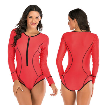 Red Long Sleeves One Piece Swimsuit-STYLEGOING