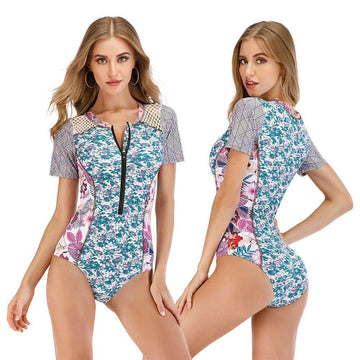 Short Sleeve One Piece Rash Guard Swimwear-STYLEGOING