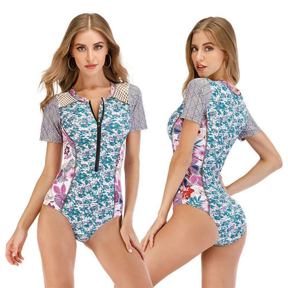 Short Sleeve One Piece Rash Guard Swimwear-STYLEGOING