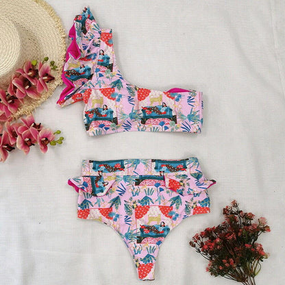 One Shoulder High Waist Bra Bikini Set-STYLEGOING
