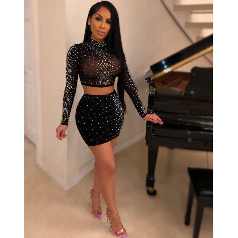 Women Bodycon Crop Top Skirt Set-STYLEGOING