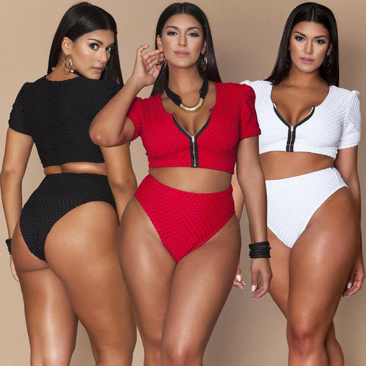 Plus Size High Waist Zipper Swimsuit-STYLEGOING