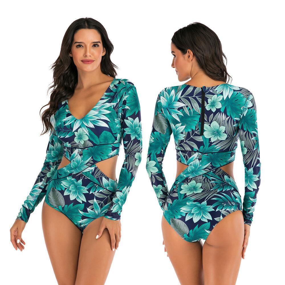 Long Sleeve One Piece Rash Guard Swimsuit-STYLEGOING