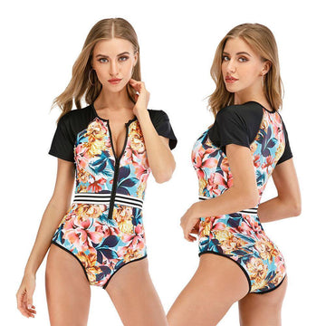 Floral Short Sleeve One Piece Swimwear-STYLEGOING