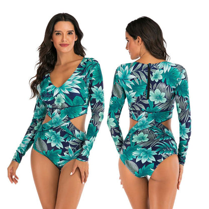 Blue Long Sleeve One Piece Swimsuit-STYLEGOING