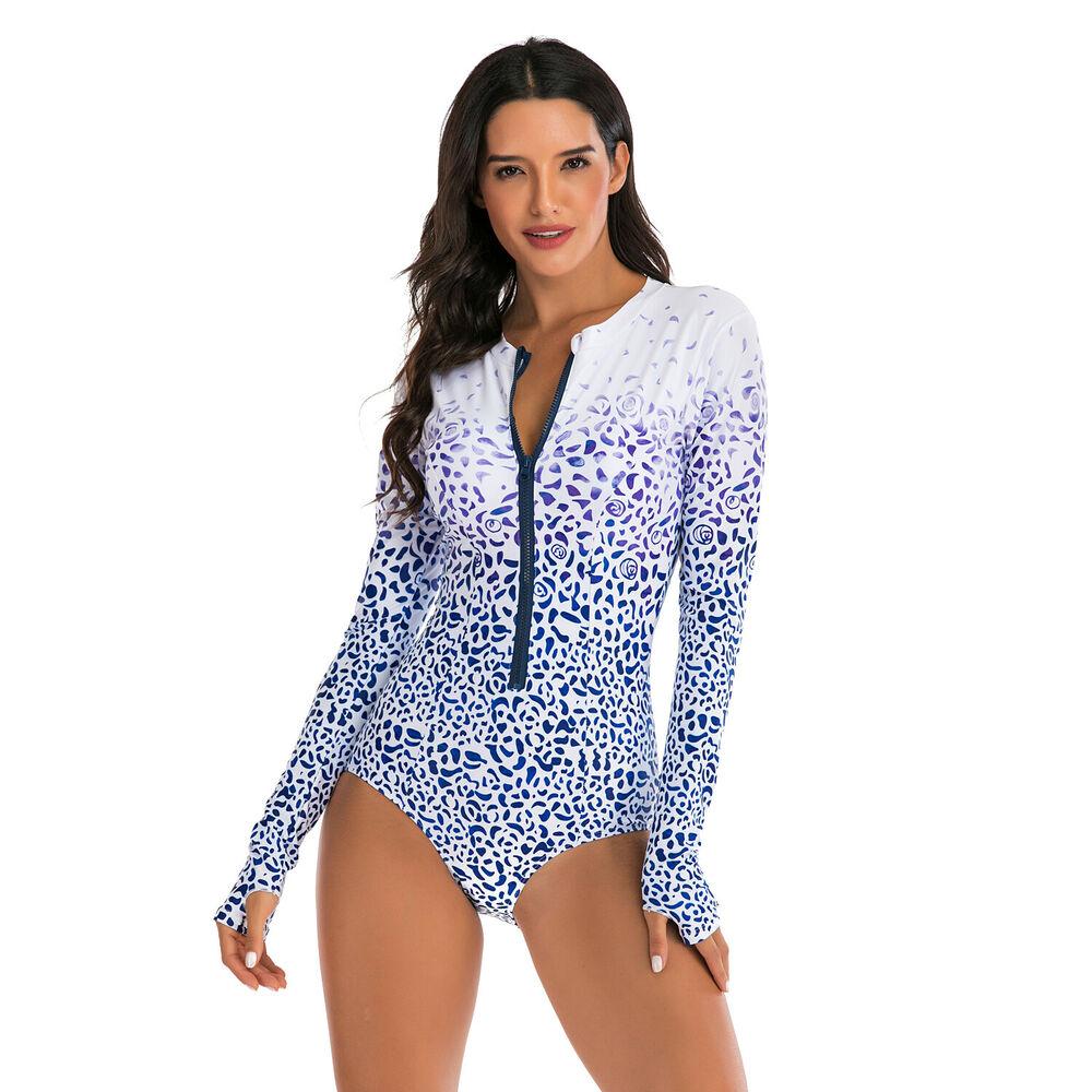 Long Sleeve Zip Front Rash Guard Swimsuit-STYLEGOING