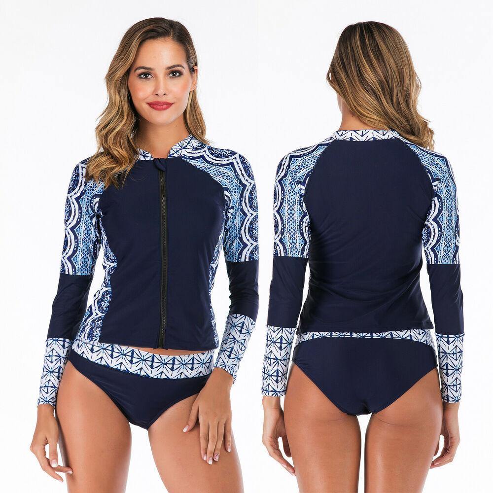 Women Zip Front Long Sleeve Swimwear-STYLEGOING
