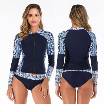 Women Zip Front Long Sleeve Swimwear-STYLEGOING