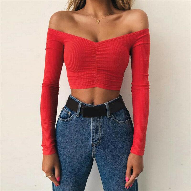 Sexy Slim Off Shoulder Crop Tops-STYLEGOING