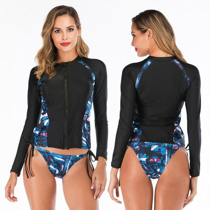 Zip Front Rash Guard Two Piece Swimwear-STYLEGOING