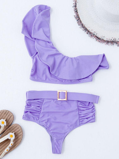 Womens One Shoulder Ruffle Bra Bikini-STYLEGOING