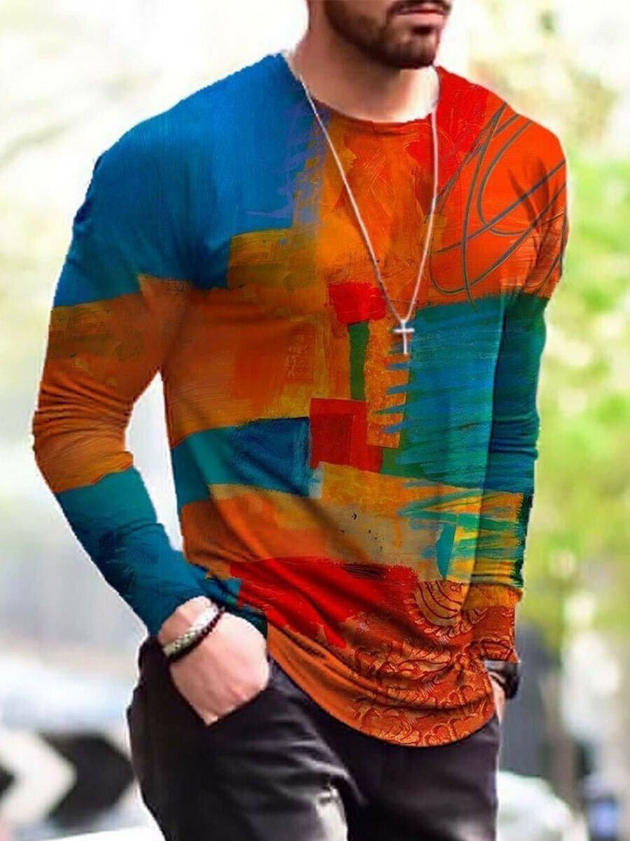 Men Print Crewneck Sleeves Ethnic Slim Fit T-shirt-STYLEGOING