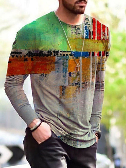 Men Print Crewneck Sleeves Ethnic Slim Fit T-shirt-STYLEGOING