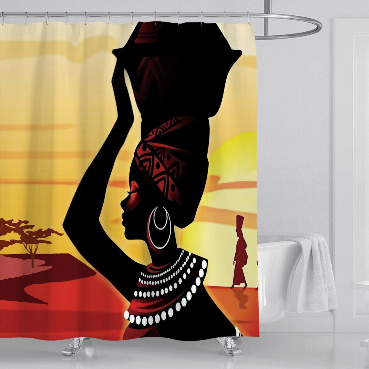 African Woman Shower Curtain Bathroom Rug Set Bath Mat Non-Slip Toilet Lid Cover-STYLEGOING