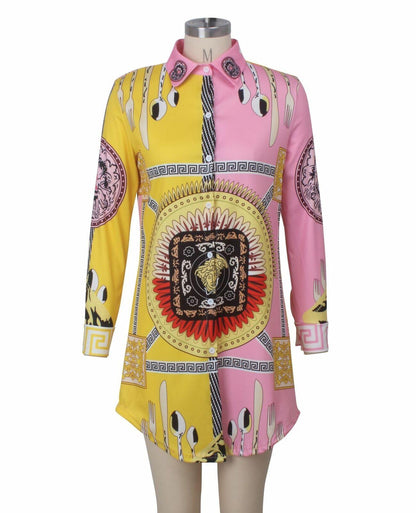 Womens Long Sleeve Mini Shirt Dress-STYLEGOING