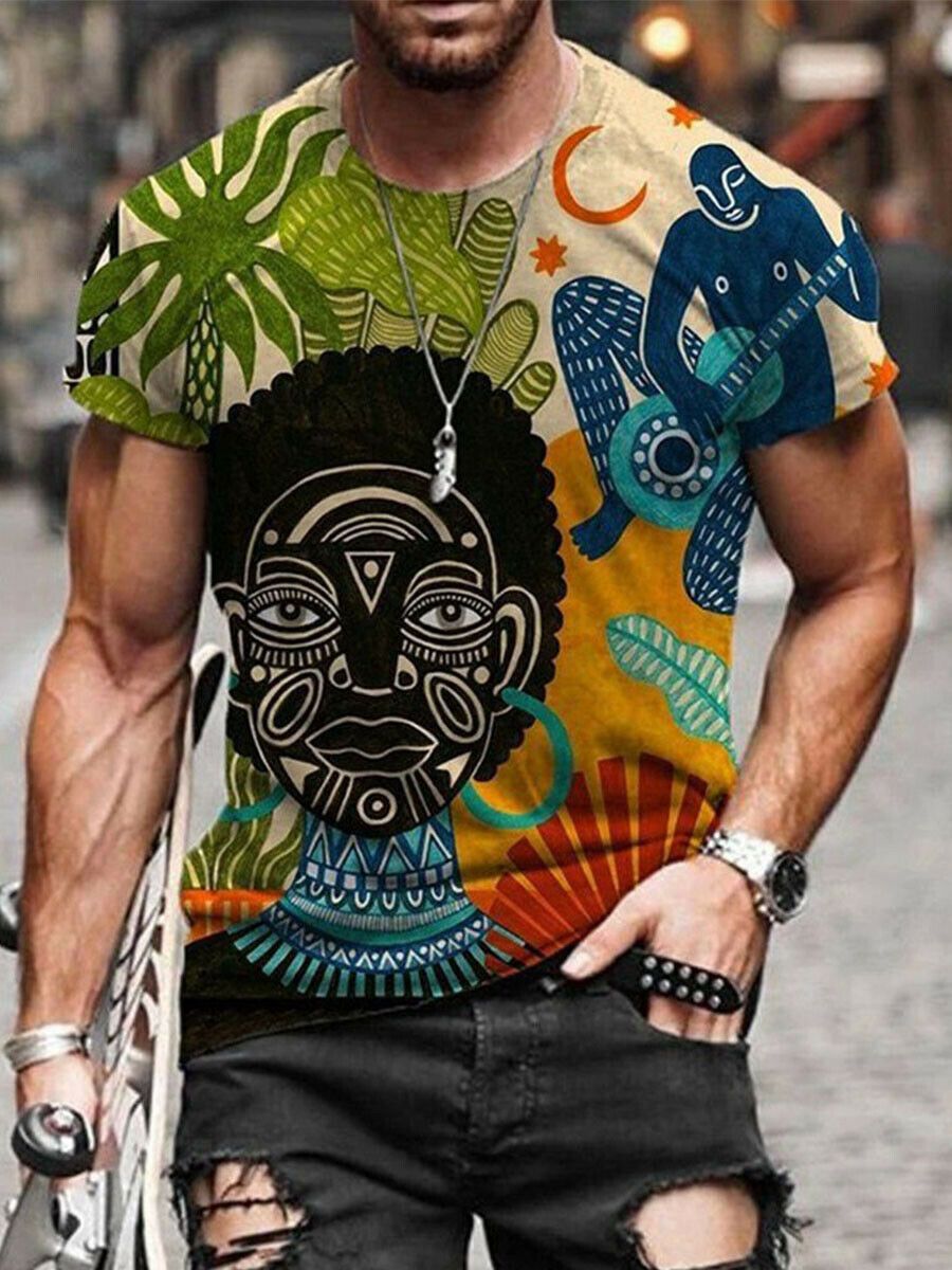 Men Print Crewneck Sleeves Ethnic Slim Fit T-shirt-STYLEGOING
