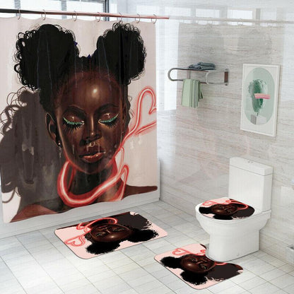 African Woman Shower Curtain Bathroom Rug Set Bath Mat Non-Slip Toilet Lid Cover-STYLEGOING