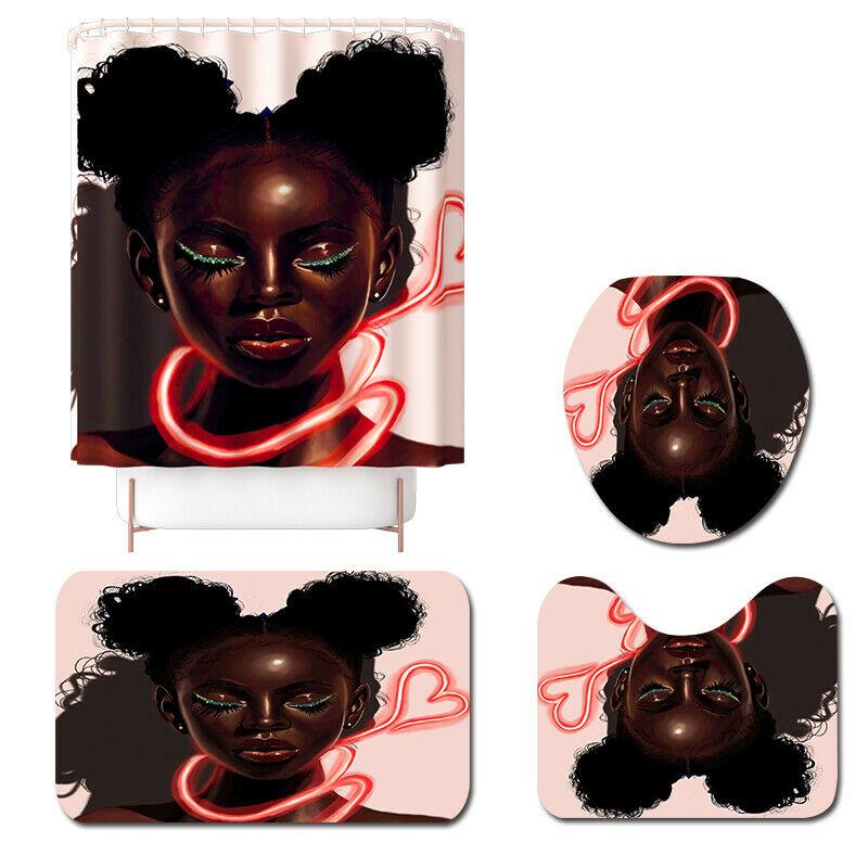 African Woman Shower Curtain Bathroom Rug Set Bath Mat Non-Slip Toilet Lid Cover-STYLEGOING