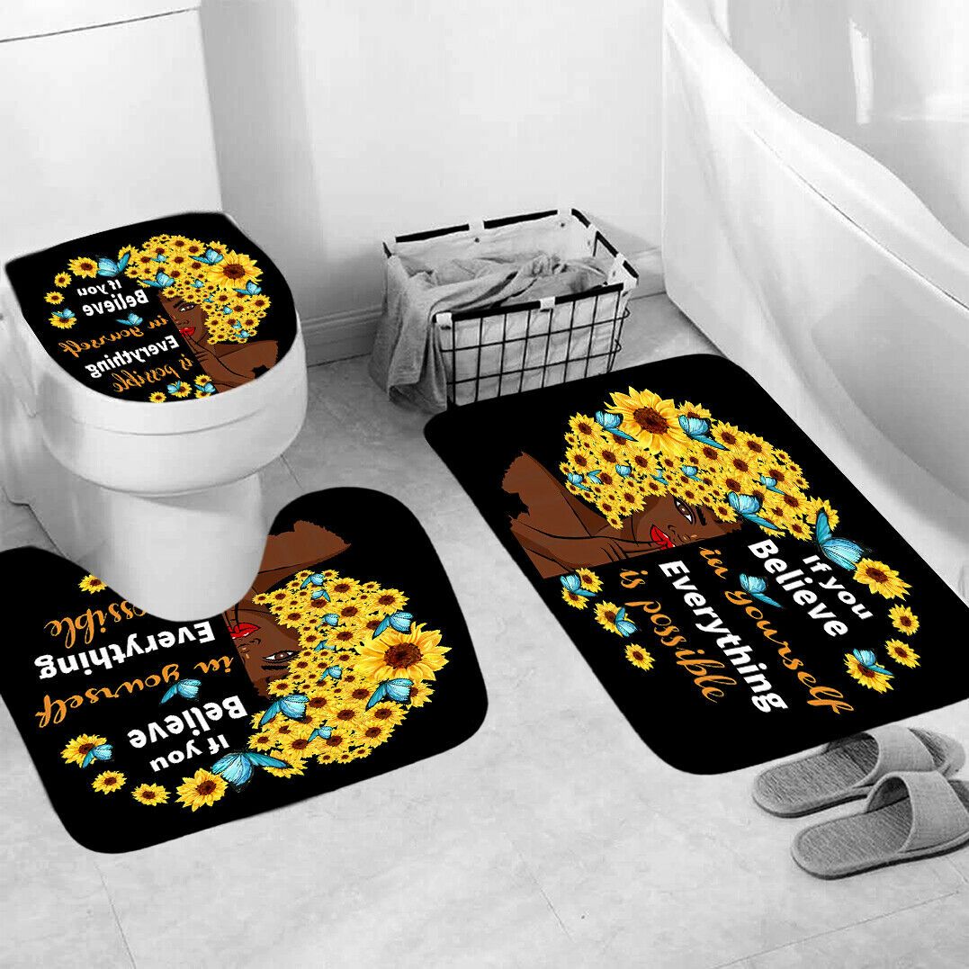 African Woman Shower Curtain Bathroom Rug Set Bath Mat Non-Slip Toilet Lid Cover-STYLEGOING