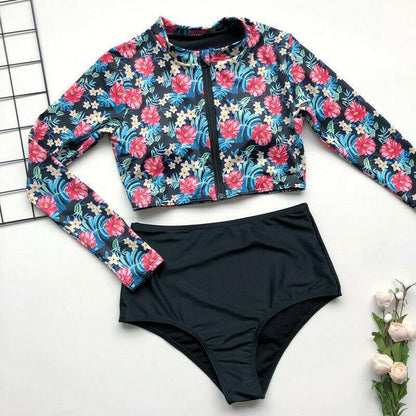 Long Sleeve High Waist Flower Zippered Swimsuit-STYLEGOING
