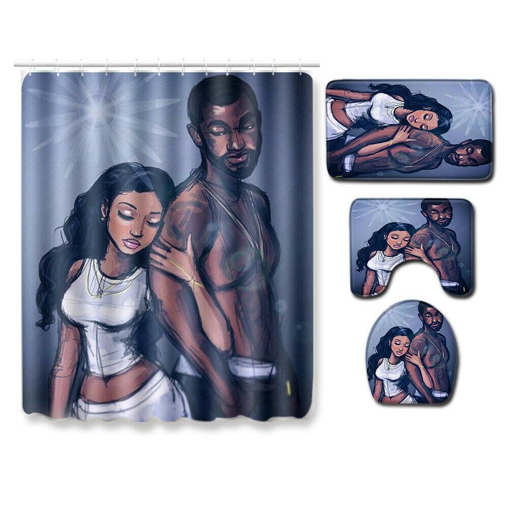 African Woman Shower Curtain Bathroom Rug Set Bath Mat Non-Slip Toilet Lid Cover-STYLEGOING