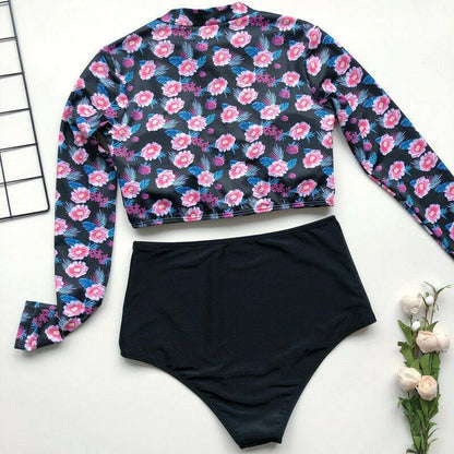 Long Sleeve High Waist Flower Zippered Swimsuit-STYLEGOING