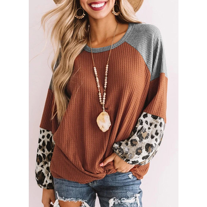 Casual Women Leopard Knitting Long Sleeves T Shirts-STYLEGOING